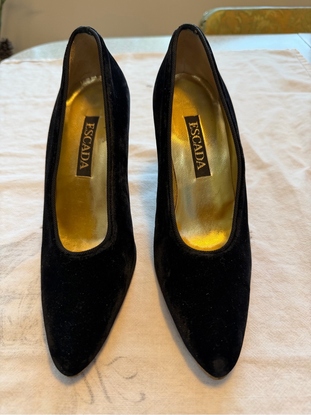 Escada Black Velvet Pointed Pumps with Gold Insole